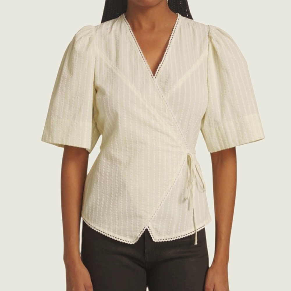 Ganni Seersucker Striped Wrap Blouse Short Sleeve Cotton Yellow & White 40 8/10
